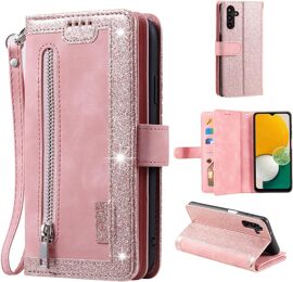 Coque pour Samsung Galaxy A55 5G, Etui à Rabat en Cuir Fermeture à Glissière Magnétique Portefeuille avec 9 Emplacements pour Cartes Fonction Stand Etui en Cuir Mat Rétro-Or Rose