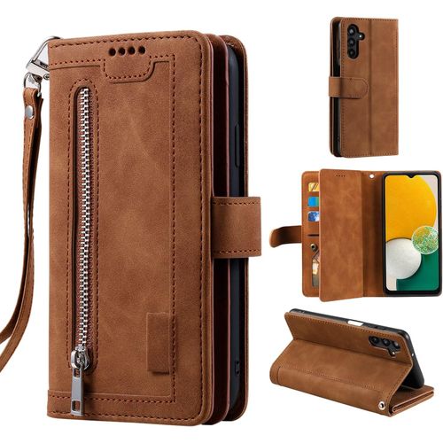 Sansh-Coque Pour Samsung Galaxy A36 5g, Etui À Rabat En Cuir Fermeture À Glissière Magnétique Portefeuille Avec 9 Emplacements Pour Cartes Fonction Stand Etui En Cuir Mat Rétro - Marron