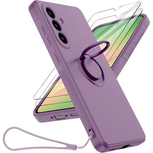 KAL-Coque Protection Caméra Pour Samsung Galaxy A56 5G Avec Support De Bague, Étui Protection Complète Antichoc Silicone Microfibre Douce Empêche Les Rayures Et 2 Pièces Verre Trempé, Violet