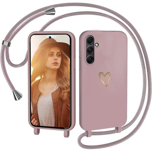 TRAHOO-Coque avec Cordon pour Samsung Galaxy S24 FE 5G, Coque de Cellulaire Corde Silicone Étui en Motif Coeur avec Réglable Collier Téléphone Chaîne Lanyard Housse pour Samsung S24 FE, Pink