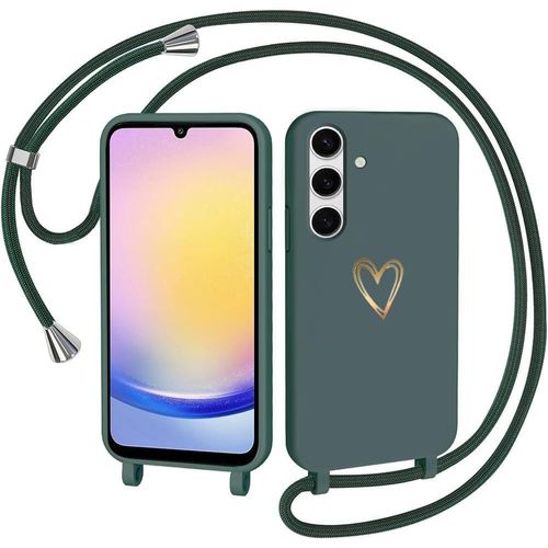 TRAHOO-Coque avec Cordon pour Samsung Galaxy S24 FE 5G, Coque de Cellulaire Corde Silicone Étui en Motif Coeur avec Réglable Collier Téléphone Chaîne Lanyard Housse pour Samsung S24 FE, Vert