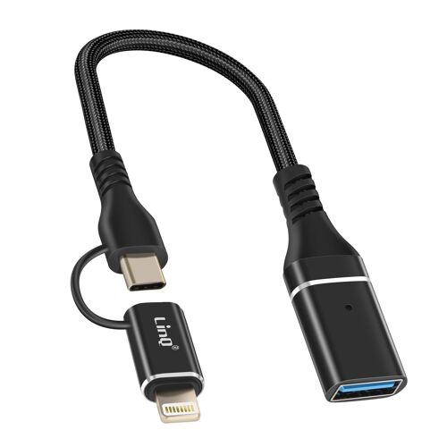Adaptateur OTG USB vers Lightning et USB-C Transfert de Données Rapide LinQ Noir