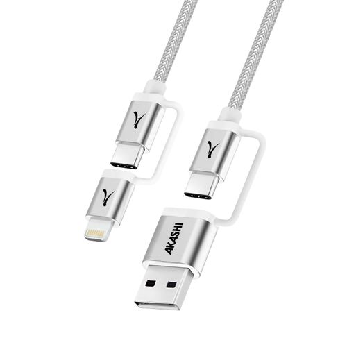 Câble 4 en 1 USB-C + Lightning Compatible Apple CarPlay Android Auto Akashi Gris