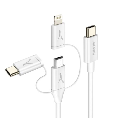 Câble USB-C 3-en-1 vers USB-C Micro-USB Lightning Écologique 1m Akashi Blanc
