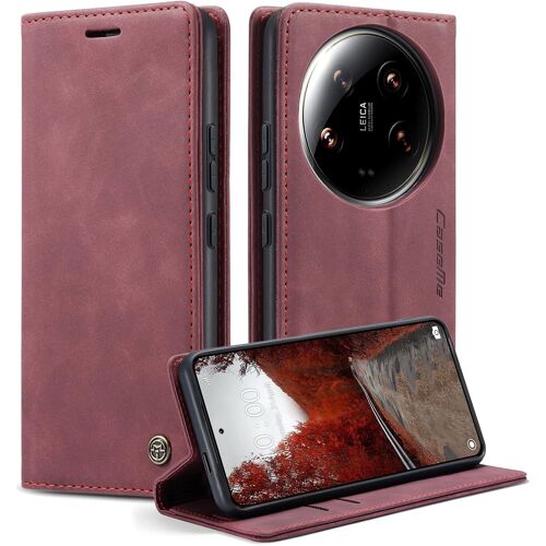 Coque Pour Xiaomi 14 Ultra Clapet Case En Cuir Pochette Protection Portefeuille Rabat Etui Premium Housse Porte Carte Magnétique Étui Pour Xiaomi 14 Ultra, Vin Rouge