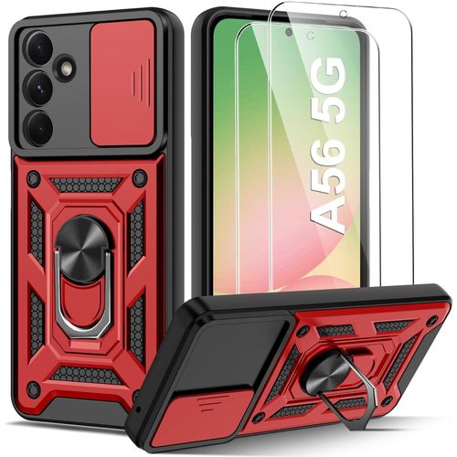 Kal-Coque Compatible Avec Samsung Galaxy A56 5g Avec 2 Verre Trempé, Lentille Coulissante Couverture, Support 360° Rotatif Militaire Pc Dur Renforcée Armor Antichoc Bumper Housse Etui - Rouge