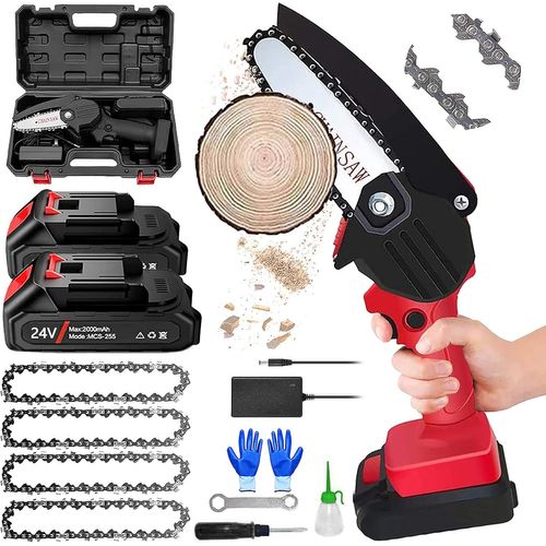CHECARZHN--NO1-Mini Tronconneuse A Batterie, Portable Mini Tronconneuse 2 Batteries Et 4 Chaine, 4 Pouces Petite Tronconneuse A Batterie, 1Kg Léger Secateur Electrique Sans Fil Pour Jardin, La Coupe