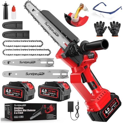 CHECARZHN--NO1-Mini Tronconneuse A Batterie 8 Et 6 Pouces - 1180W Brushless Tronconneuse Electrique Sans Fil Avec 2×4.0Ah Batteries, Système D'Huile Automatique, Tension De Chaîne Sans Outil, Pour Ja