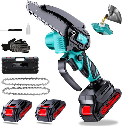 MEVRONISSHOP-Mini tronçonneuse, Avec batterie 4000 mAh, 6 Pouces Tronçonneuse Électrique sans Fil avec Injecteur de Lubrifiant et 2 Batteries 2.0Ah 2 chaînes, pour sécateur, élagueur, coupe du bois