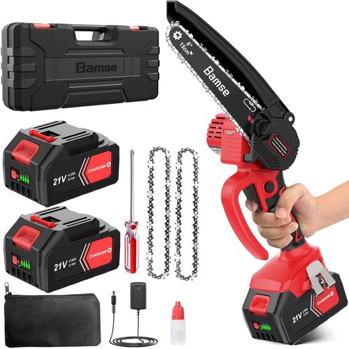 CHECARZHN--NO1-Mini Tronçonneuse À Batterie 8000Mah, 6 Pouces Tronçonneuse Électrique Sans Fil Avec 2 Batteries, 2 Chaînes, 10M/S Vitesse De La Chaîne Pour La Coupe Du Bois, L'Élagage Le Jardin