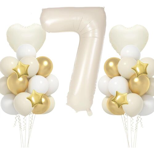 7 Years Birthday Set Cream \ 17 Pieces With Large Foil Balloons Number 7, 101 Cm Balloons With Helium Flight Decoration