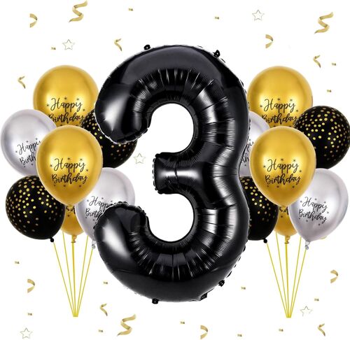 3 Year Birthday Balloon, Black, 13 Pieces Birthday Balloon Set With Large Foil Balloon Number 3, 101 Cm Balloons, Balloon 3 Year Decoration Birthday Flying Thanks To Helium