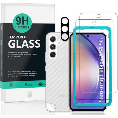 Protecteur D'écran Pour Samsung Galaxy A54 5g(6.4""),Avec 2 Pièces En Verre Trempé,1 Protection D'objectif D'appareil Photo,1 Film En Fibre De Carbone[Pas De Bulles]