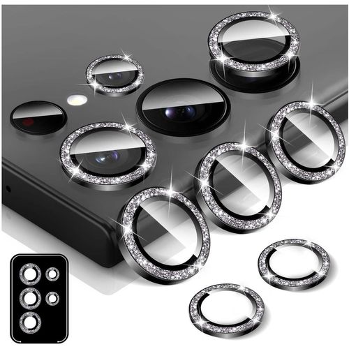 Protection Lentille Caméra Verre Trempé 9h Pour Samsung Galaxy S22 Ultra - Anneaux Métalliques Auto-Alignants, Texture Paillettes 3d Et Anti-Reflet Hd