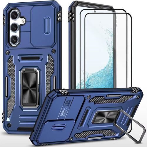 Coque pour Samsung Galaxy A54 5G étui avec 2 Verre Trempé Support magnétique Armure Robuste Antichoc Silicone avec Couvercle de caméra Coulissant Bumper-Bleu