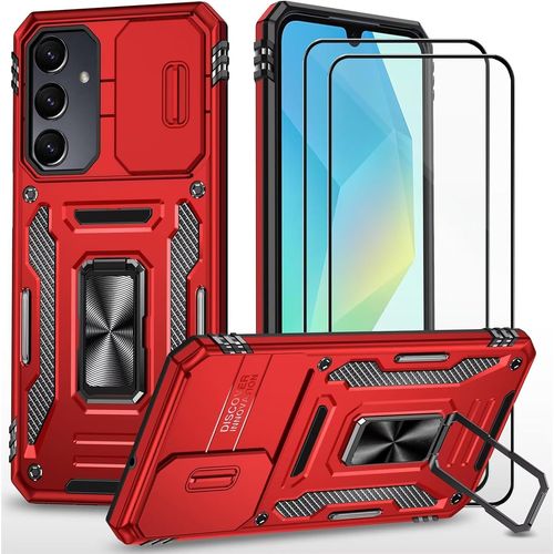 Coque Silicone Rouge Pour Samsung Galaxy A16 5g + 2 Verres Trempés - Protection Caméra Coulissante, Tpu Antichoc, Anneau Rotatif 360° Et Support Voiture Magnétique