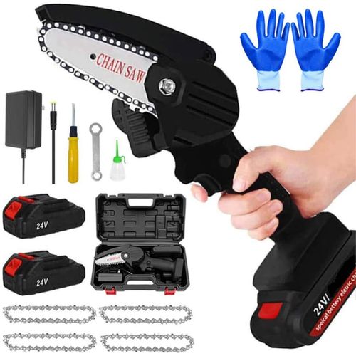 CHECARZHN--NO1-Mini Tronçonneuse À Batterie Et Portable, Avec Chaîne De 10,2 Cm, 24 V, 500 W, 2 Batteries Et 4 Chaînes Pour Élaguer, Couper Du Bois, Des Branches, Un Arbre, Une Haie, Noir