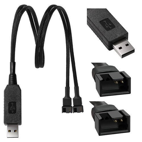 KAL-50cm Pleine Vitesse Câble Adaptateur D'alimentation à Manchon de Ventilateur 12V USB vers Double 3 Broches et 4 Broches, Câble Adaptateur USB vers 3 Pin/4 Pin Ventilateur, Tressé