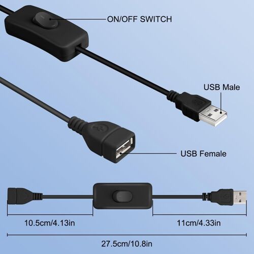 2 Pièces Câble d'extension de commutateur USB(27.5 cm), USB avec interrupteur on/off, interrupteur usb pour Lampe de Bureau LED, Bandes LED, Ventilateur (Noir)