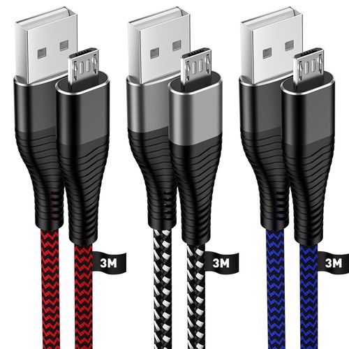 Lot de 3 câbles micro USB de 3 m, longs câbles de charge Android, câble de charge micro USB en nylon tressé pour manettes PS4/PS4 Pro/PS4 Slim, Samsung Galaxy S6/S7, Kindle Fire, Xbox One et