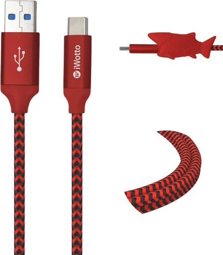 KAL-Iwotto USB Type-C 1M Cable - Fast Charge and Sync for Mobile - USB 3.0 Orange - Durable Nylon and Shark Cable Protector Included - Compatible avec Samsung, Xiaomi, Huawei, PS4, Xbox