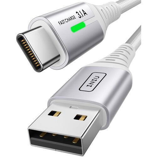 JGD-Câble USB C - 2 m - Blanc - Type C 3,1 A - Câble de charge rapide USB vers USB C - Câble de charge rapide en nylon USB-C - Long pour iPhone 16 15 Pro Samsung Galaxy S21 S20 S10 Note 10 Google