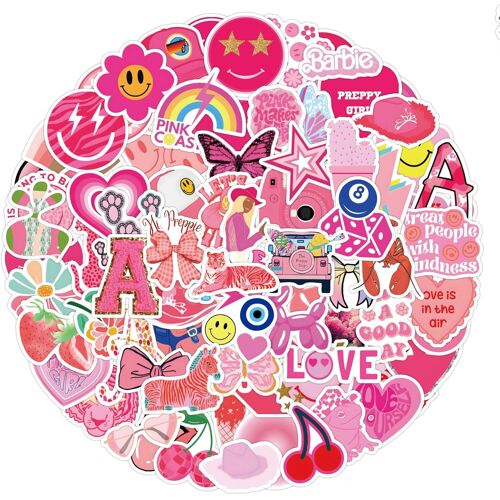 Preppy Stickers Pink Cute Vinyl Aesthetic Water Bottle Stickers Waterproof Sticker Pack For Laptop Water Bottles