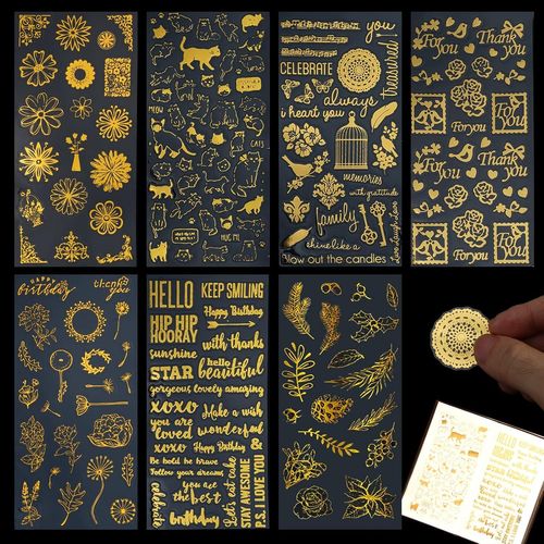 7 Pcs Scrapbooking Stickers Doré Autocollants Lettres Pvc Papier Deco Autocollant Sticker Fleur Autocollants Décoratifs Stickers Aesthetic Vintage Pour Diy Journal Album Photo-Chat Plante Feuille