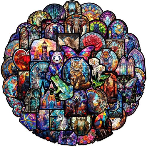 Style de verre coloré autocollants 50 pièces pour ordinateur portable, vélo, bagages, patchs Graffiti, autocollant de guitare pour bagages de Skateboard,cadeau pour enfant/adolescent