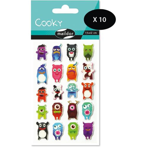 Gommettes 3d Cooky - Lot De 10 Planches 12x8 Cm - 200 Stickers - Monstres