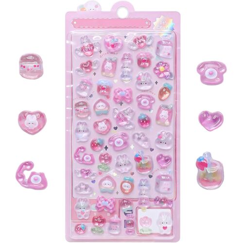 KALANKA-Ensemble d'Auto-Collants 3D avec Motifs de Lapins Roses, Autocollants en PVC de Qualité pour Enfants, Idéal comme Récompense et Décoration, Cadeau Créatif