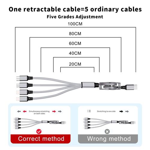 TIANYI-USB C vers Câble de Chargeur Multiple Rétractable, Câble de Chargeur 4 en 1 à Charge Rapide 3A avec Connecteurs 2*iP, Type C, Micro USB pour Samsung Galaxy, Huawei, Moto, Xiaomi, Sony, PS-1M
