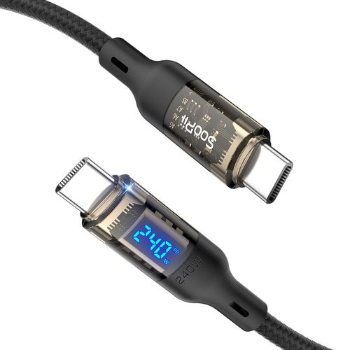 KAL-Câble Usb C Vers Usb C [240W 2M],Câble À Charge Rapide Avec Affichage Led Pour Macbook Pro,Lphone16/15/15Pro/15Promax,Galaxy S24/S23+/S23 Ultra/S22 Ultra,Coque Transparente,(Noir)