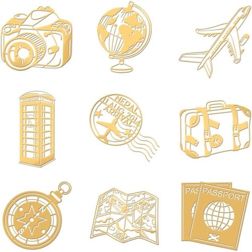 Tianyi-9pcs 4x4cm Autocollants En Métal Doré Autocollants De Thème De Voyage Autocollants Autocollants De Carte D'avion Autocollants De Passeport Autocollants Pour Résine Époxy Art Crafts Decor