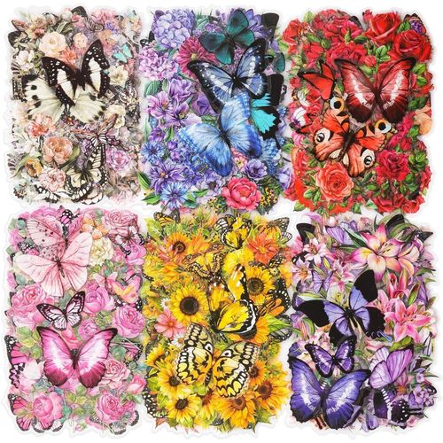 Jum-300 Pièces Autocollants Papillons Stickers Fleurs,Étanche Papillon Autocollant Fleur Autocollant Scrapbooking Transparent Autocollant Fleurs Et Papillon Pour Diy Journal,Album Photo,Artisanat