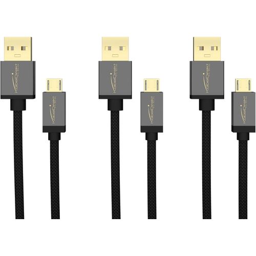 3x 0,5m Câble de chargement/de données Micro USB (USB 2.0,câble de charge et synchro,nylon,noir)