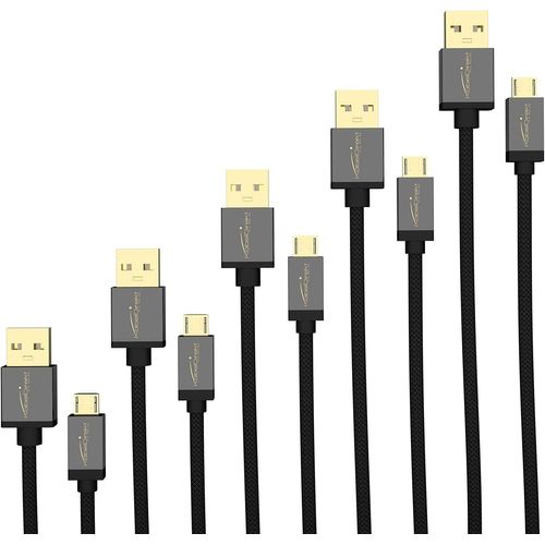 5x 0,5m Câble de chargement/de données Micro USB (USB 2.0, câble de charge et synchro, nylon, noir)