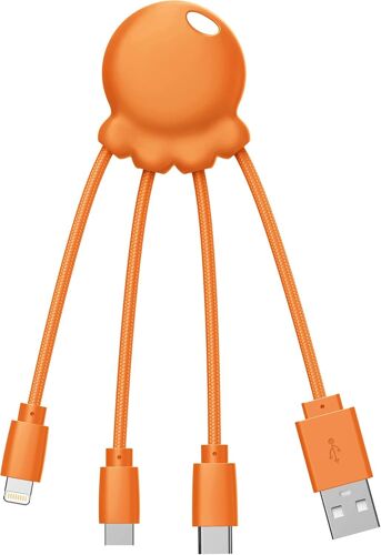 JGD-Octopus - Câble Multi USB 4 en 1 en Forme de Pieuvre - Chargeur Universel en Plastique Recyclé - Prise USB-C, Lightning, USB-A, Micro USB pour Smartphone - Orange