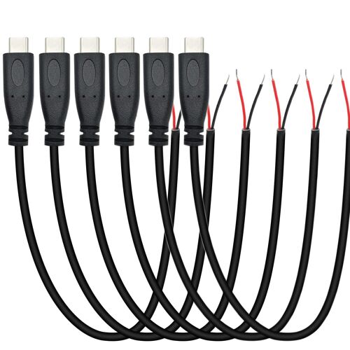 JGD-6 Pièces Queue de cochon USB Type-C,22AWG 5V 3A prise USB-C vers fil nu à 2 broches,USB type C rallonge de câble, prise USB C à souder avec extrémité ouverte pour les bricoleurs (25 cm)