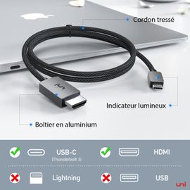 Câble USB C vers HDMI 4K, Cable Type C vers HDMI [compatible Thunderbolt 3] pour bureau à domicile, compatible pour MacBook Pro, iPad Pro 2020, iMac, Samsung S21, XPS, Huawei Mate 40, etc -1m
