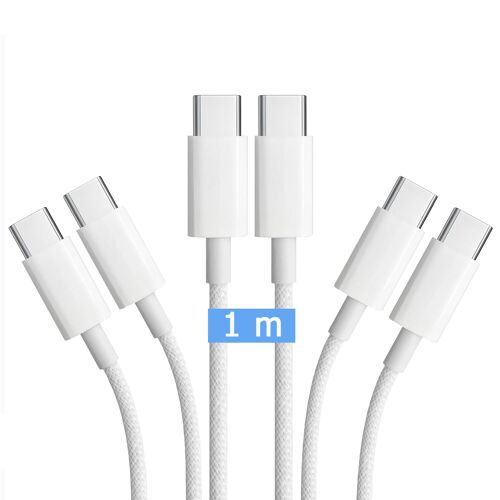 Pack of 3 USB C to USB C Cable 1M 5A 100W Nylon Braided Cable Fast Charging Cable White for Apple MacBook, iPad, iPhone 15, iPhone 16, Samsung Galaxy, Google Pixel, Xiaomi, Redmi, Honor