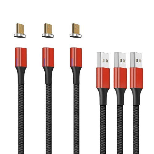 NetDot Gen10 Micro USB Câble de Charge Rrapide Magnétique en Nylon Tressé avec Del Latérale Compatible avec Périphérique Android(1.5m / 3 Pack Rouge)