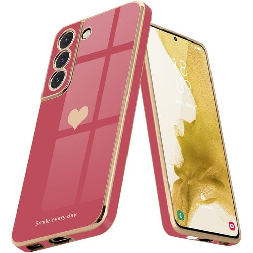 Coque Pour Samsung Galaxy S22 5g, Jolie Coque De Téléphone Pour Filles, Luxueuse Protection D'appareil Photo À Paillettes Galvanisées, Coque Résistante Aux Chocs Pour S22 5g, Camélia Rouge