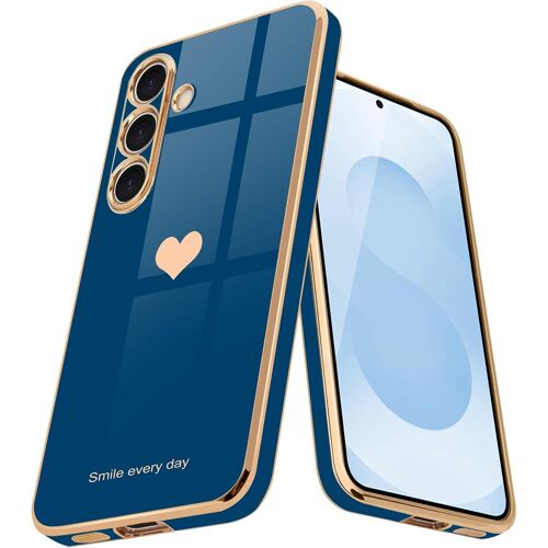 LORANKA-Coque pour Samsung S25 en Galvanisé Or avec Motif Coeur d'amour Étui Antichoc pour Filles et Femmes Housse de Protection Anti-Rayures pour Samsung Galaxy S25, Bleu Marine