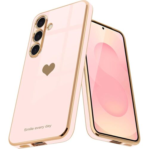 SJZG-Coque Pour Samsung S25 Plus En Galvanisé Or Avec Motif Coeur D'Amour Étui Antichoc Pour Filles Et Femmes Housse De Protection Anti-Rayures Pour Samsung Galaxy S25 Plus, Rose Pâle