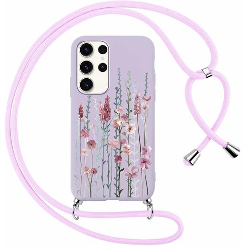 KAL-Coque Pour Samsung Galaxy S21 Ultra 5G / S30 Ultra Avec Cordon De Collier,Aesthetic Fleur Motif Étui Housse Réglable Lanyard Corde, Souple Silicone Antichoc Protection Case 6,8"",Lavande Fleuri