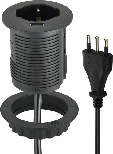 61909 Multiprise Avec 1 Prise Grommet Polyvalente (10/16 A + Schuko) À Encastrer Pour Bureau + 1 Usb Quick Charge 2 A, Avec Câble De 2 M, Noir
