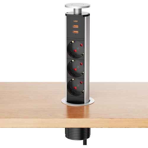 Prise Encastrable Plan De Travail, Prise Encastrable 3 Prises Avec Usb C Et 2 Usb-A, Prise Plan De Travail Cuisine 4000W/16A, 1,8M Câble