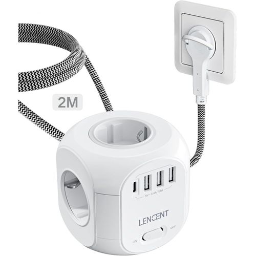 SEPT-Rallonge Multiprise 4 Sortie AC avec 3 USB et 1 Type C, Prise Multiple 2500W avec Interrupteur et Rallonge Electrique 2 Mètres, Convient pour Maison, Bureau, Fiche Plate, Tressé Câble, Blanc