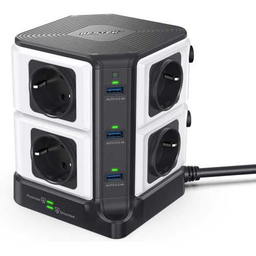 Multiprise Parafoudre Parasurtenseur avec 8 Prises EU et 6 Ports USB 2,4A, Interrupteur, Adaptateur Douille, Clapet Sécuritaire, et 1600J Protection Surtensions, 3,0 M (Noir-Blanc)